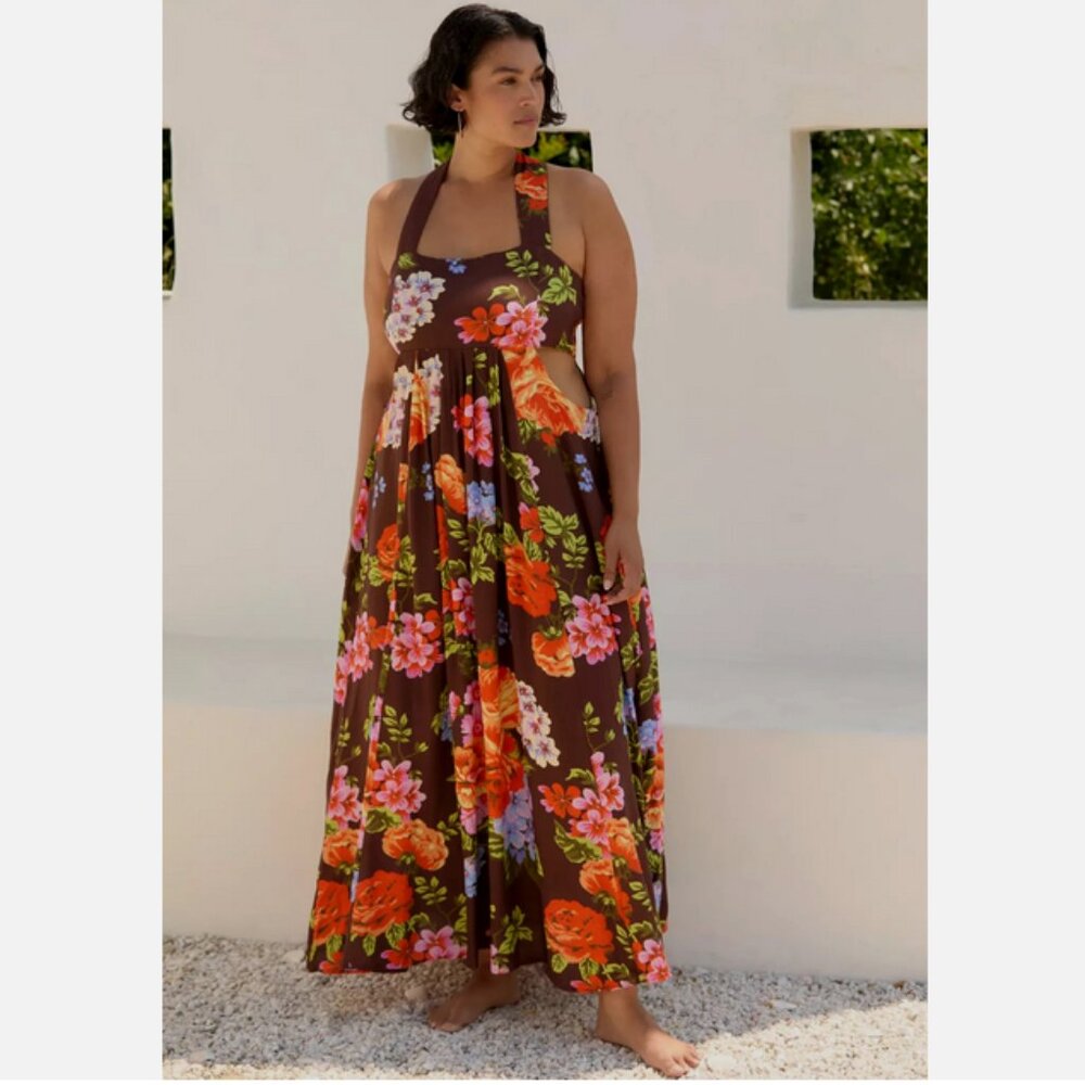 Anthropologie The Piper Bandeau Maxi Dress Brown Floral Plus Size 2X NWT